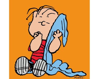 May include: A cartoon illustration of a young boy with brown hair, wearing a red and white striped shirt, blue pants, and a blue blanket. He is sitting on a bright orange background with his hands clasped together and his eyes closed. The artist's signature, "Schulz", is in the bottom right corner.