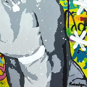 May include: Abstract painting with a gray and white figure in the foreground. The background is a vibrant mix of yellow, green, blue, and pink with white snowflake shapes.