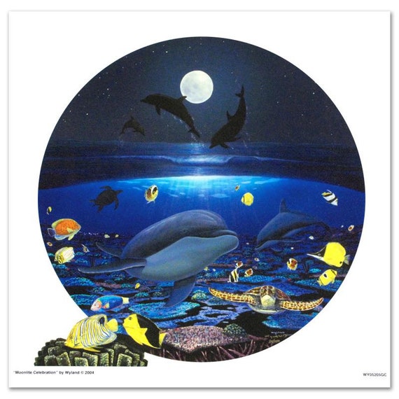 Wyland Moonlight Celebration Giclee: Signed Dolphin Canvas Art