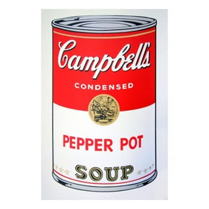 May include: A red and white Campbell's Soup can with the words "Campbell's Condensed Pepper Pot Soup" printed on it.