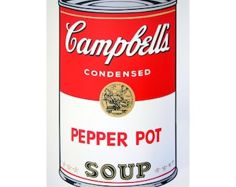 May include: A red and white Campbell's Soup can with the words "Campbell's Condensed Pepper Pot Soup" printed on it.