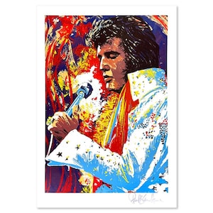 May include: A colorful, abstract painting of Elvis Presley singing into a microphone. The background is a mix of red, yellow, blue, and purple.