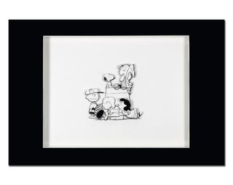 May include: Black and white illustration of Peanuts characters, including Snoopy, Charlie Brown, Lucy, and Linus, playing in a sandbox. The characters are drawn in a classic Peanuts style.