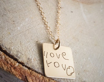 Collier à pendentif carré personnalisé avec écriture manuscrite gravée
