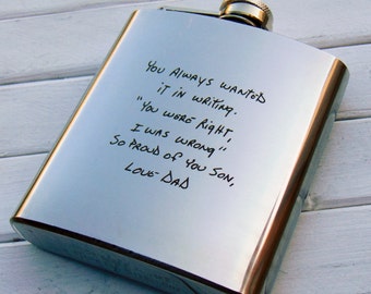 Custom Flask with Your Handwriting or Font Choice Laser Engraved Groomsmen Cool Gift Dads Bachelors Father's Day Bridesmaids For Him Silver