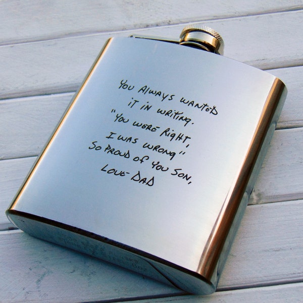 Custom Flask with Your Handwriting or Font Choice Laser Engraved Groomsmen Cool Gift Dads Bachelors Father's Day Bridesmaids For Him Silver