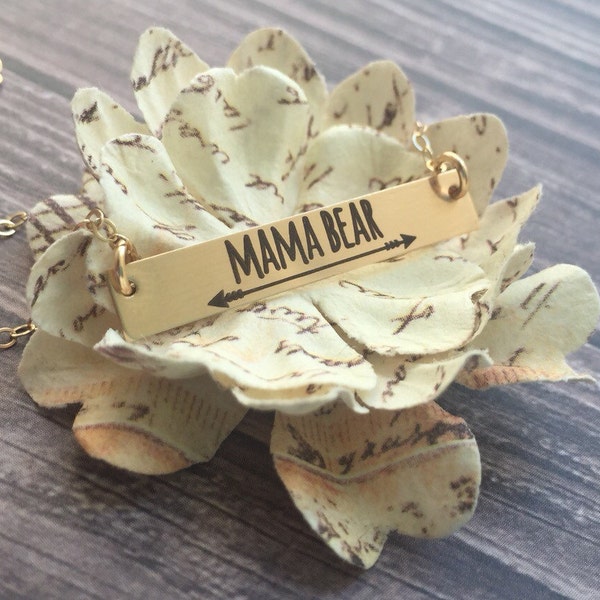 Mama Bear Necklace, MomGift, Horizontal Gold Bar for Mom Baby Maternity Gift Pregnancy Momma Mother Hospital Aunt Sister Daughter Mum