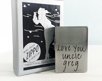 May include: Silver Zippo lighter with a personalized inscription that reads "Love You Uncle Greg".