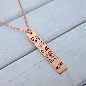 GPS Coordinates Personalized Vertical Bar Necklace, Gold,Rose Gold, Silver,Longitude Latitude, Engraved, Birthday, Christmas, Wedding,