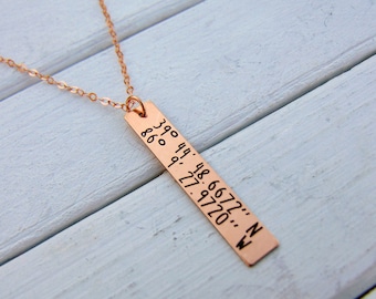 Personalized Engraved Necklace Longitude Latitude- GPS Coordinates- Gift for Girlfriend- Rose Gold- Silver- Unique- Custom- Vertical Bar