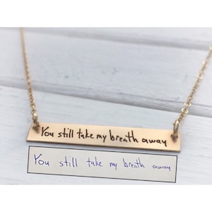 Custom 14k Gold Bar Necklace Jewelry with YOUR Handwriting or Font - engraved- Personal Gift for Mother Daughter Bridesmaid Mom Sister Wife