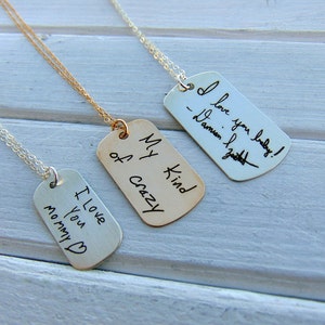 Handwritten Jewelry Handwriting Mini Dog Tag Bar Necklace Silver Gold Engraved Birthday Mother's Day Mom Wife Girlfriend Children Daughter