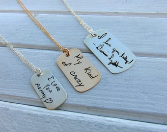 Bijoux manuscrits Écriture manuscrite Mini Dog Tag Bar Collier Argent Or Gravé Anniversaire Fête des Mères Maman Femme Petite Amie Enfants Fille