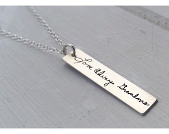 Memorial Handwriting or Font Necklace Vertical Bar Jewelry Personalized Gold Rose Silver Engraved Birthday Mom Girlfriend sister Daughter