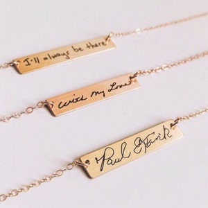 Rose Gold Bar Necklace With Actual Handwriting Memorial Handwritten Jewelry Horizontal Gold Filled Wedding Jewelry Bridal Necklace Grandma