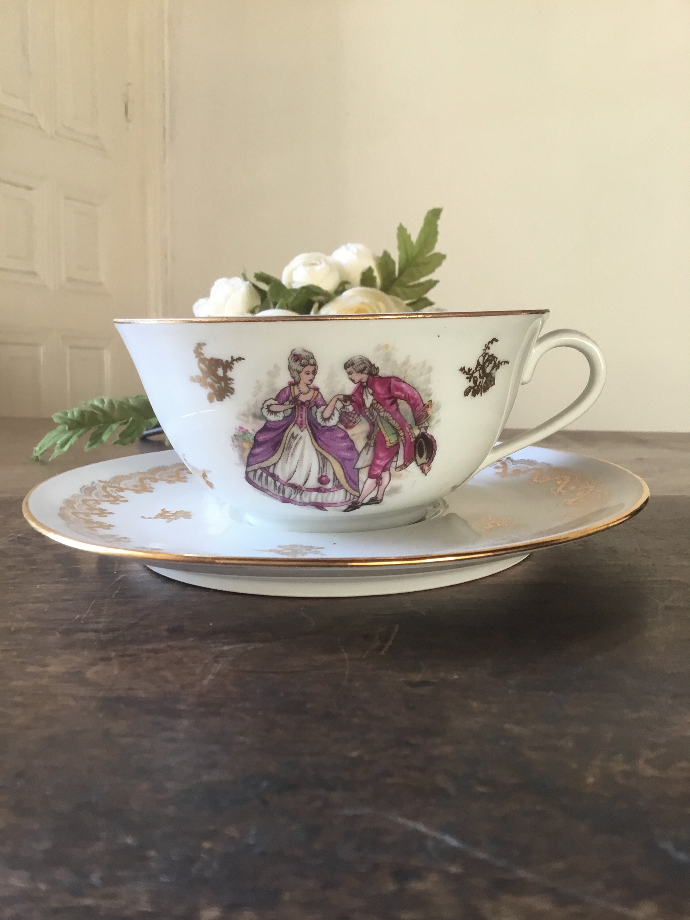 Tasse à Thé & Soucoupe, Chocolat, Décor Romantique, Roi et Reine, Cadeau Pour Dame, Collection, Porc