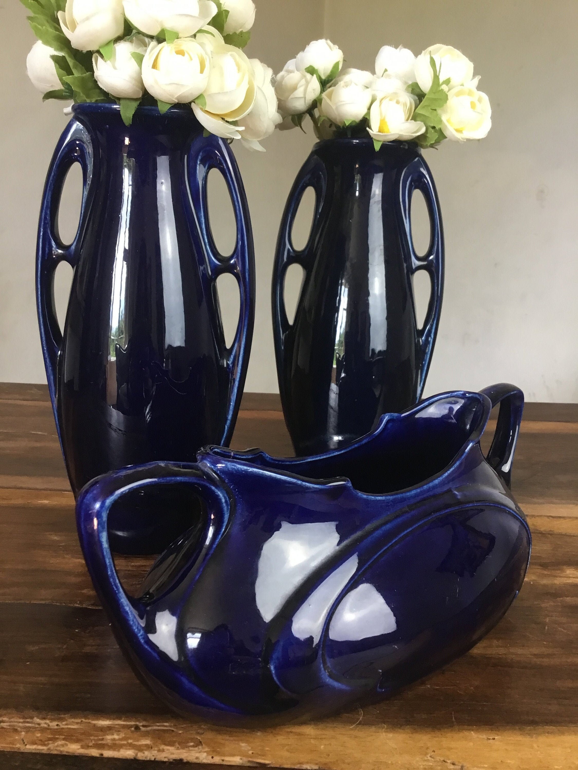 Bleu Roi, 2 Vases & Jardinière, Art Déco, Décor de Château Romantique Campagne, Garniture Cheminée P