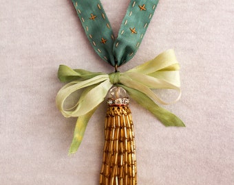 Romantic Tassel Necklace * Beaded Tassel, Silk Ribbon, Hand-stitched Textile Art Necklace