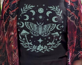 Moon phases Shirt, Lunar Moth Shirt, FairyCore shirt, Cottage core shirt, Boho Celestial shirt, Mushrooms, Moth T-shirt, Boho shirt gift
