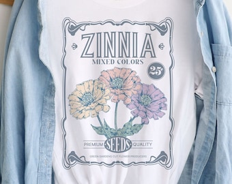 zinnia seed Package shirt, Botanical Flower T-shirt, Vintage BOHO floral Tshirt, Zinnia Gift, Flower Gardener gift