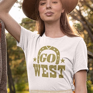 Go West BOHO Shirt. Vintage Style Western graphic, Horseshoe and classic western type, Retro Western Graphic, Cowboy Tee