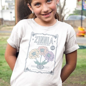 Kids Zinnia Shirt, zinnia seed Package shirt, Kids Botanical Flower T-shirt, girls floral Tshirt, Zinnia Gift, Kids Flower Shirt gift