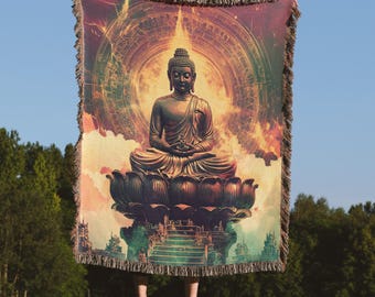 Meditating Buddha Woven Blanket, 100% Cotton Throw, Buddhist Home Decor, Meditation Space tapestry