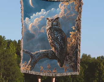 Owl Under an Enchanted Moon Woven Blanket, 100% Cotton Throw, Forest Core Home Decor, Owl Lover Gift