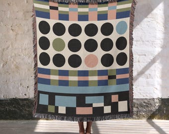 Mid-Century Modern Geometric Blanket, 100% Cotton Woven Throw, Abstract art Decor