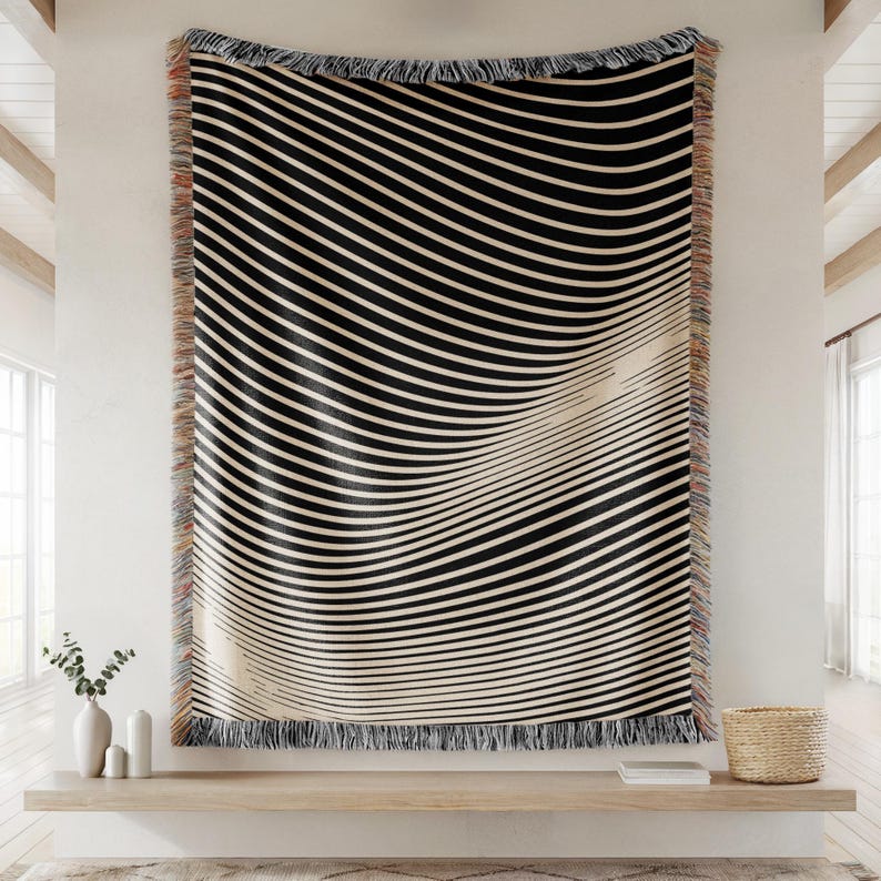 BOHO Stripes Woven Blanket, Y2K Abstract Stripe Pattern, Minimalism Home decor, Minimalism Blanket, OP Art Pattern, Home Warming Gift