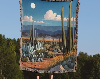 Mondscheinwüste bei Nacht Gewebte Decke, New Mexico Wandteppich, Boho Decke mit Saguaro Kaktus und Mond, südwestliches Dekor, 100% Baumwolle