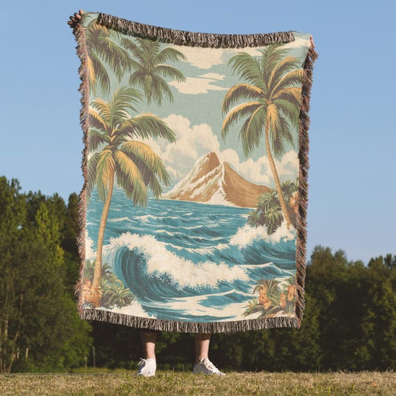 Tropical Beach Scene Woven Blanket, Beach House Decor, Hawaii
