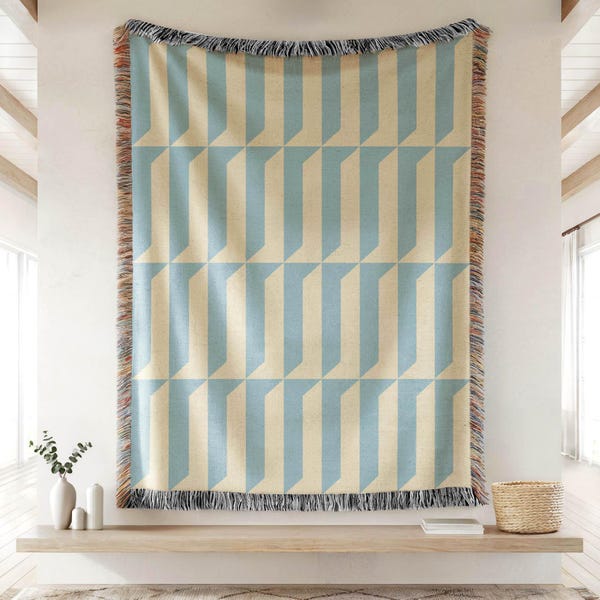 Blue and White Abstract Color Block Throw, 100% Cotton Woven Blanket, Retro Modern Decor