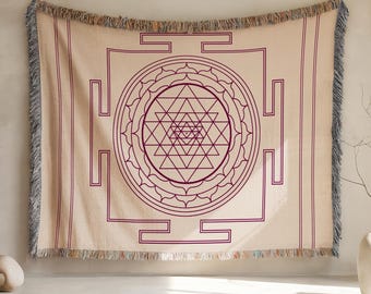 Poziomy gobelin Sri Yantra Mandala, tkany koc do medytacji jogi, koc boho, wystrój domu z energią obfitości, wystrój studia jogi