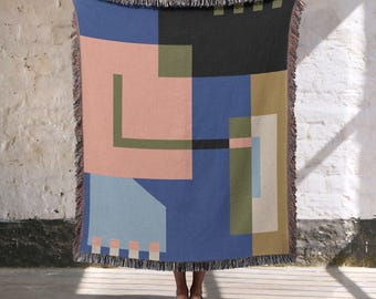 Bauhaus Geometric Woven Blanket, 100% Cotton Jacquard Throw, Mid-Century Modern Home Decor