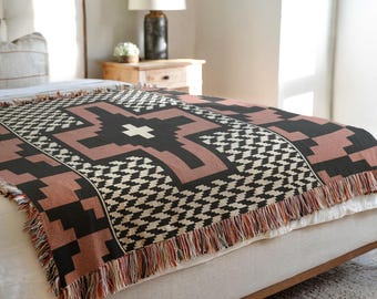 Southwestern Style Woven Blanket, Boho Throw Blanket, Modern Design for Southwest Home Decor, Tribal Cross design, Western style Home Decor
