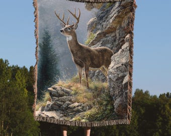Majestic Buck in the Mountains Blanket, 100% Cotton Woven Throw, Rustic DeerTapestry