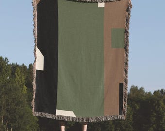 Minimalist Abstract Woven Throw Blanket with Earthy Colors, 100% Cotton, Mid-Century Modern Home Decor