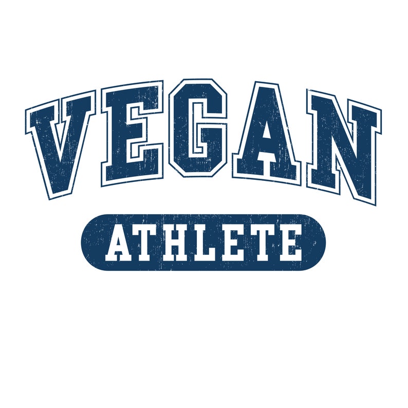 May include: A blue and white graphic with the text "VEGAN ATHLETE" in a vintage style font.