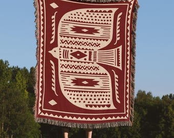 BOHO bird with tribal Pattern on Burgundy Woven Blanket , 100 % Cotton Throw, Bohemian Home Decor
