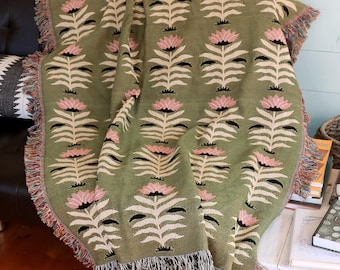 Bohemian Floral Woven Blanket, 100% Cotton Throw, Boho Ornamental Home Decor