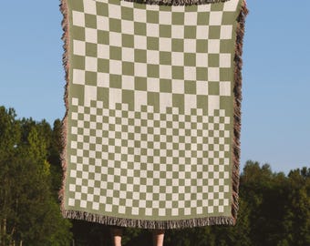 Green & White Mixed scale Checkerboard Throw Blanket, 100% Cotton, Modern Home Decor