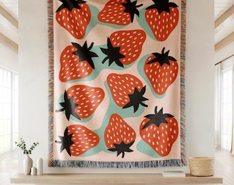 Strawberries Woven Blanket, 100% Cotton Throw, Eclectic Home Decor