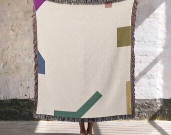 Minimalist Geometric Bordered Woven Blanket, 100% Cotton Throw, Abstract Art Decor
