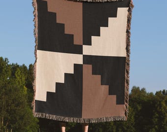 Coperta tessuta in stile sud-occidentale con motivi geometrici a blocchi di colore, 100% cotone, decorazione per la casa in stile western, arazzo tribale boho