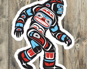 Sasquatch Kiss-Cut Sticker, Pacific Northwest style Bigfoot Sticker, Haida Style Sasquatch, Gift for Bigfoot Lovers,