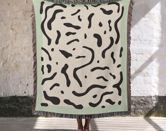Abstracte doodle geweven deken met mintkleurige rand, 100% katoenen plaid, moderne kunst wandtapijt, eigentijds huisdecor