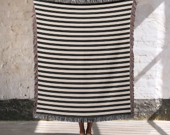 Schwarz-weiße klassische gestreifte gewebte Decke, Tagesdecke aus 100% Baumwolle, Jacquard-Tagesdecke, modernes Wohndekor