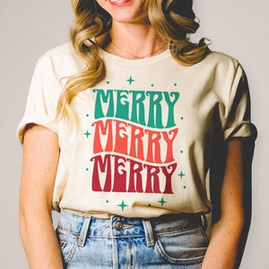 Retro Christmas &quot;Merry&#39; Shirt, Vintage style &#39;Merry&#39; Christmas Shirt, Womens Christmas Shirts, Retro Holiday Comfort Colors Shirt