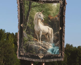 Enchanting Unicorn Woven Throw Blanket, Fantasy art Home Decor, Majestic Unicorn gift, Folklore & Mythology, Fairy core, cottage core Decor